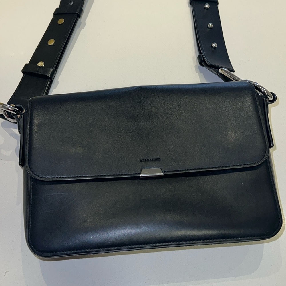 All Saints Captain Leather Flap Crossbody Bag Black